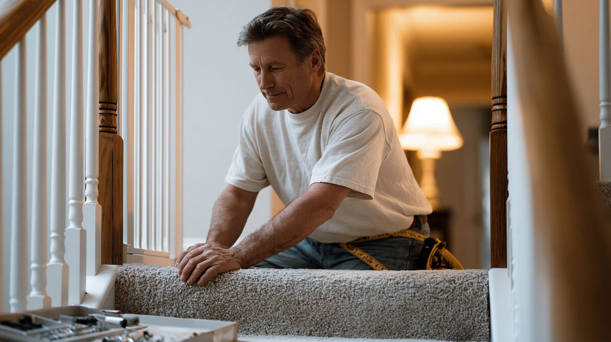 An installer measuring a staircase while talking with a homeowner